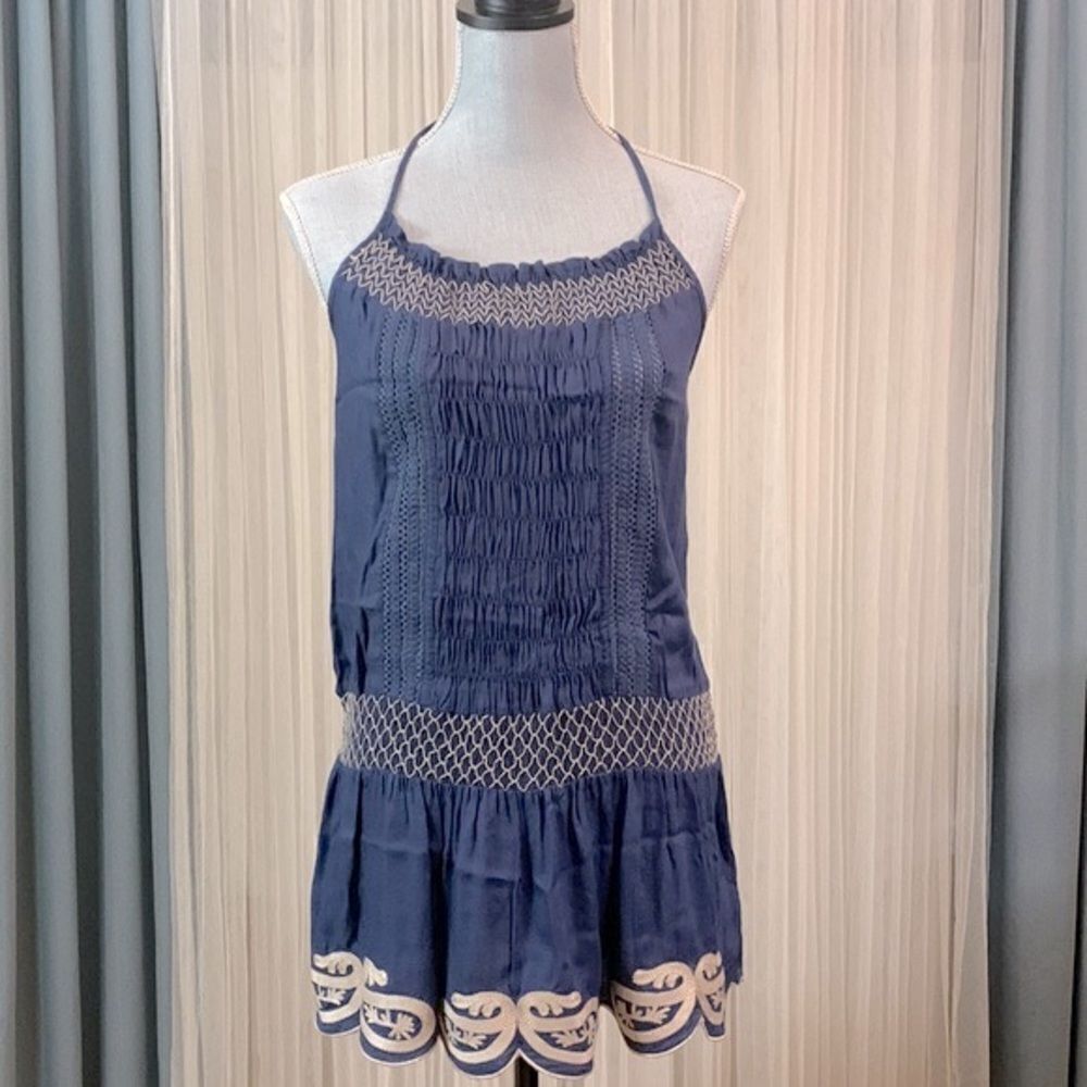 XXI embroidered smocked halter top tunic blue/beige women’s sz large